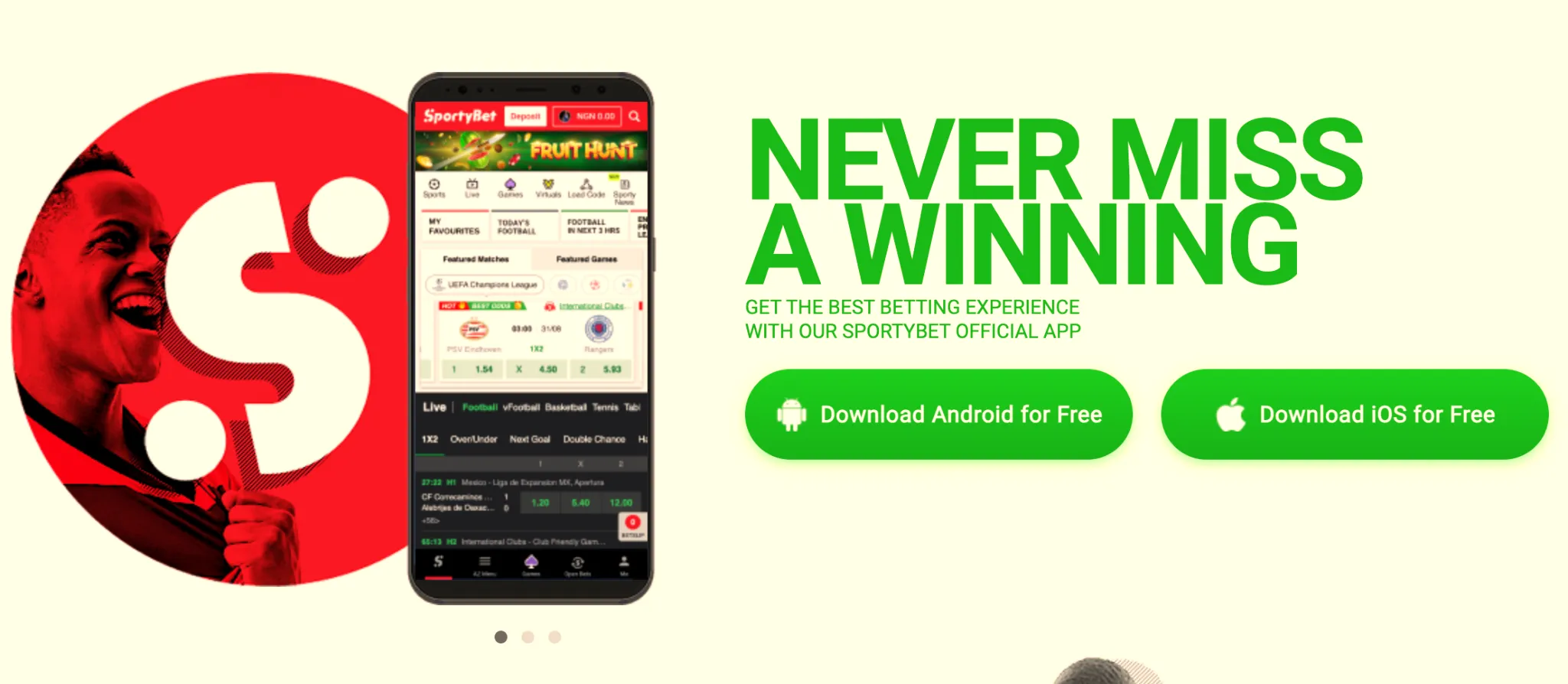 SportyBet mobile application interface showcased on a smartphone