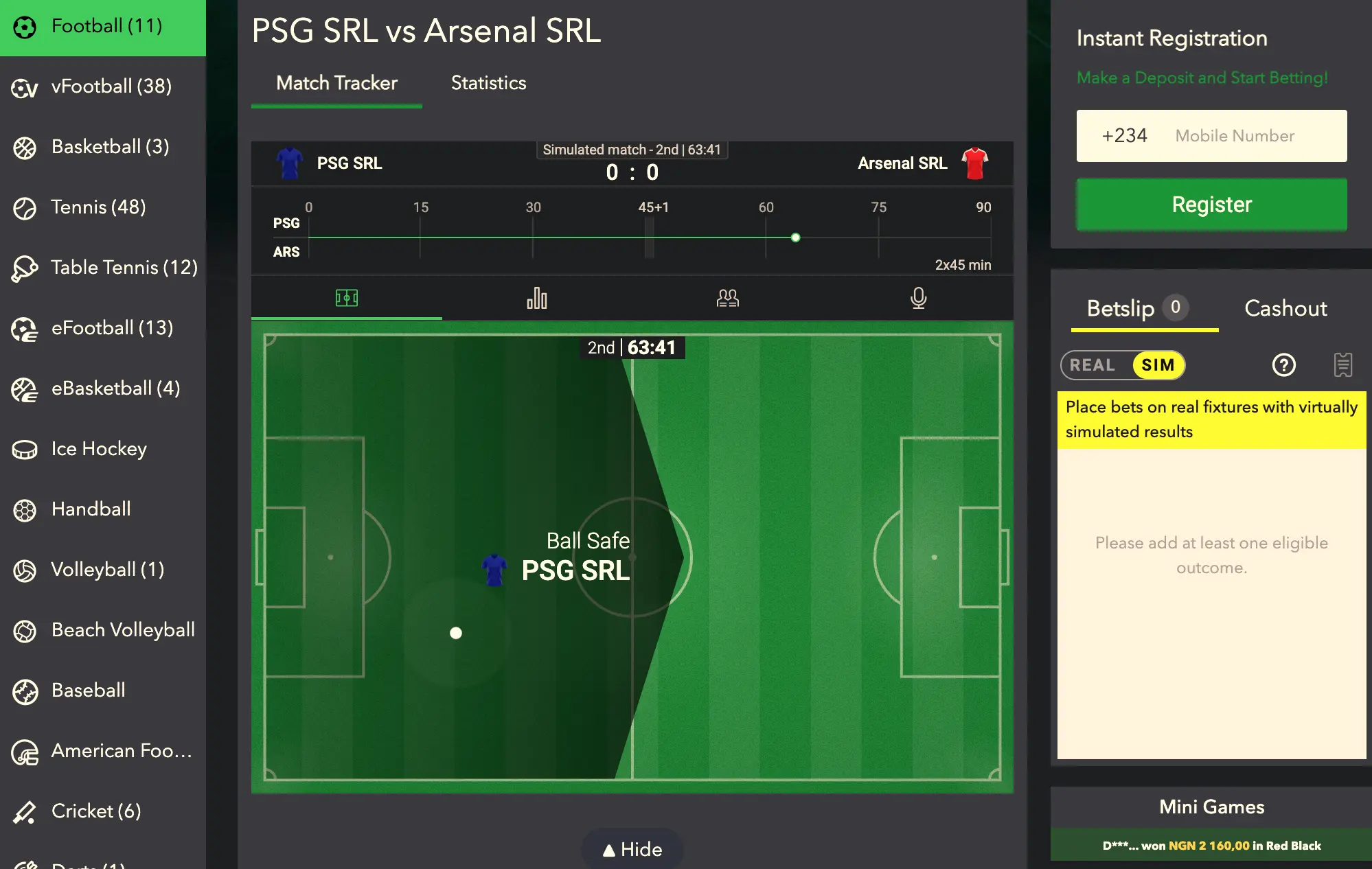 Interface for live in-play betting on ongoing sports matches at SportyBet
